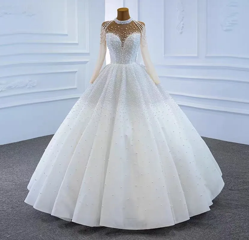 

Luxury Pearls Wedding Dresses Sheer O-neck Long Sleeves Beads Tulle Bridal Bride Grown Arabic Dubai Vestido De Noiva