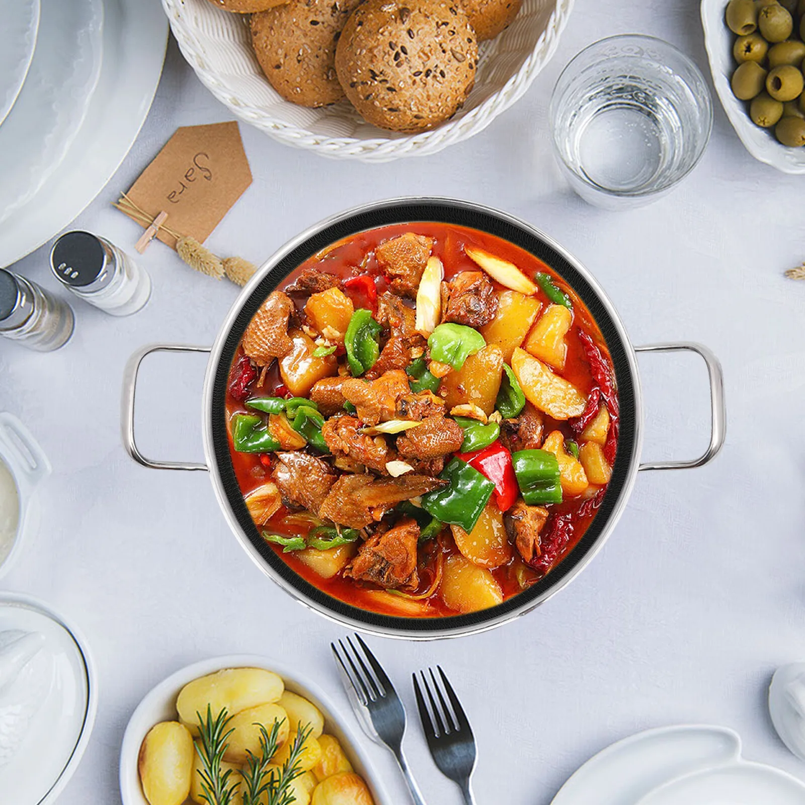 مقلاة غير لاصقة مقاس 12.5 بوصة، مقلاة من الفولاذ المقاوم للصدأ 316 مع غطاء زجاجي، مقلاة طبخ صحية متوافقة مع جميع المواقد #4