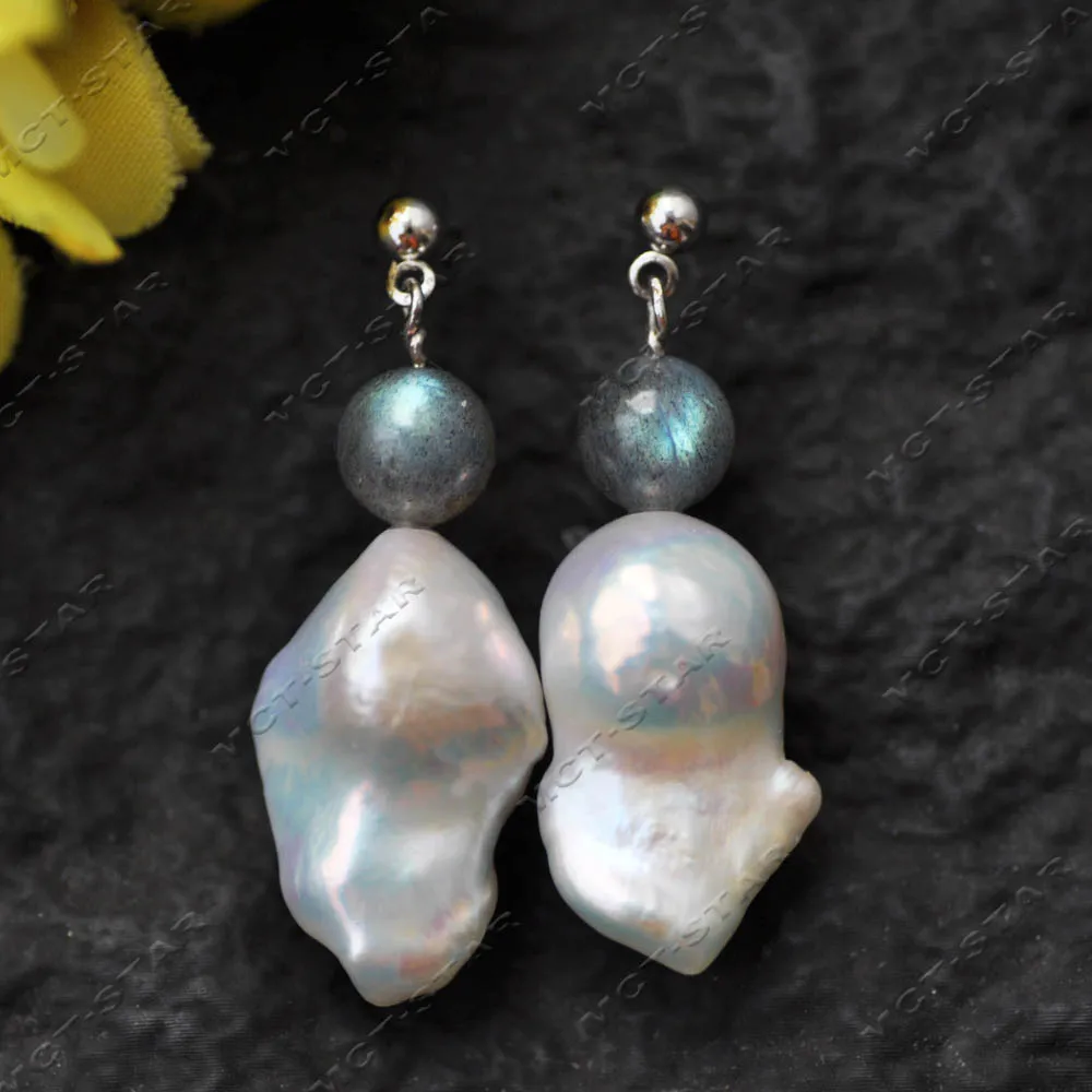 Z14337 25mm A+ Round Gray Moonstone Labradorite White Baroque Reborn Keshi Pearl Dangle Earring Earrings