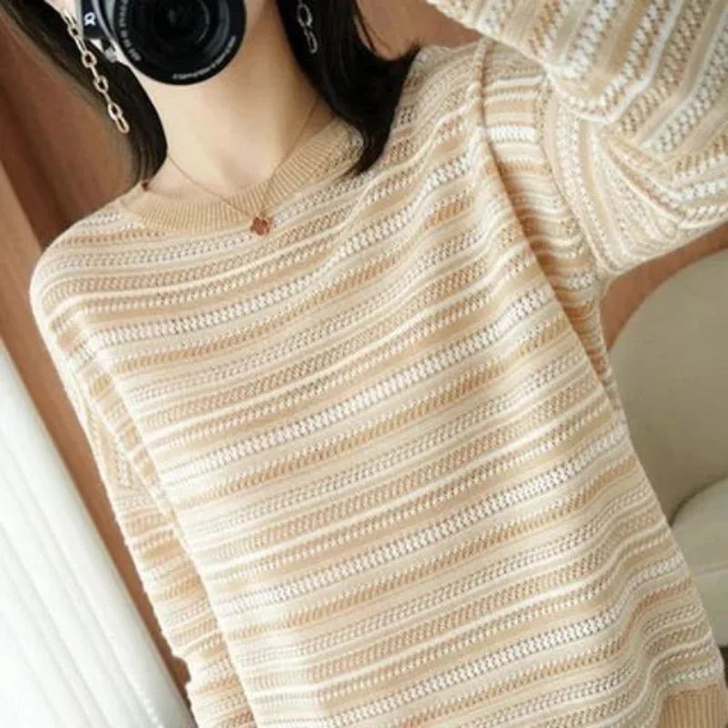 Stripe Knitted Backing Sweater Versatile Women Spring and Autumn 2023 O Neck Casual Loose Wool Sweater Pullover Female Top