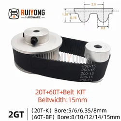 2GT Timing pulley set 3:1 reduction ratio transmission component 20T 60Teeth Belt Width 15mm Bore 5---15mm GT2 Pulley Belt Kit