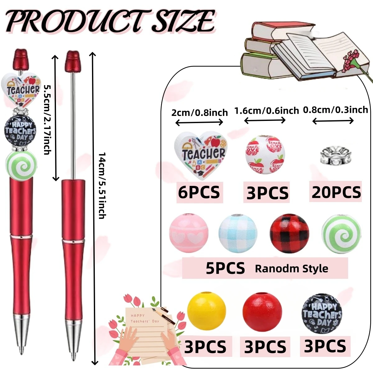 6 pcs DIY bead ballpoint pens for Teacher theme, suitable as gifts for teachers, mentors, professors, friends ,office and study