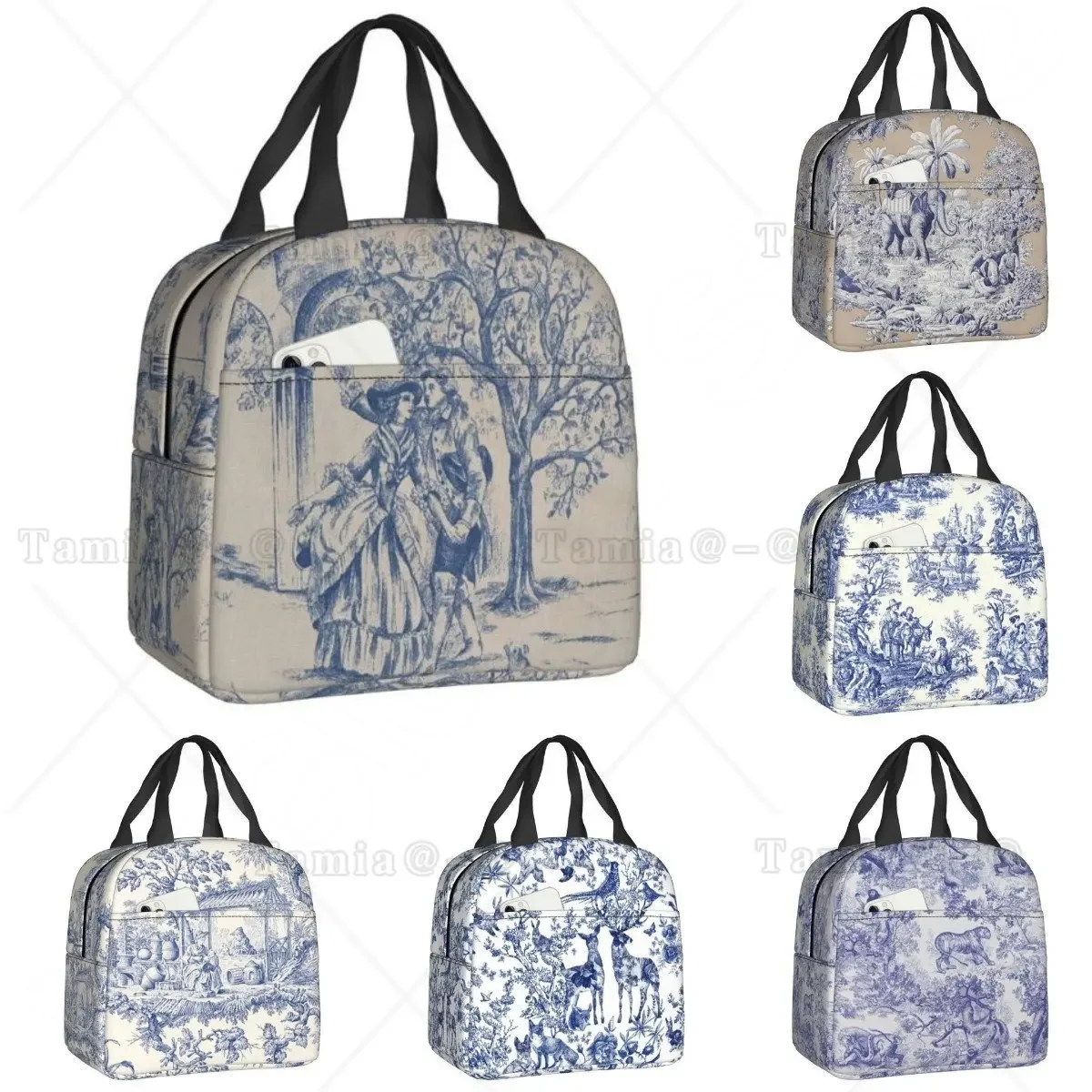 French Toile De Jouy Navy Blue Motif Pattern Thermal Insulated Lunch Bag Lunch Container for Outdoor Picnic Storage Food Box