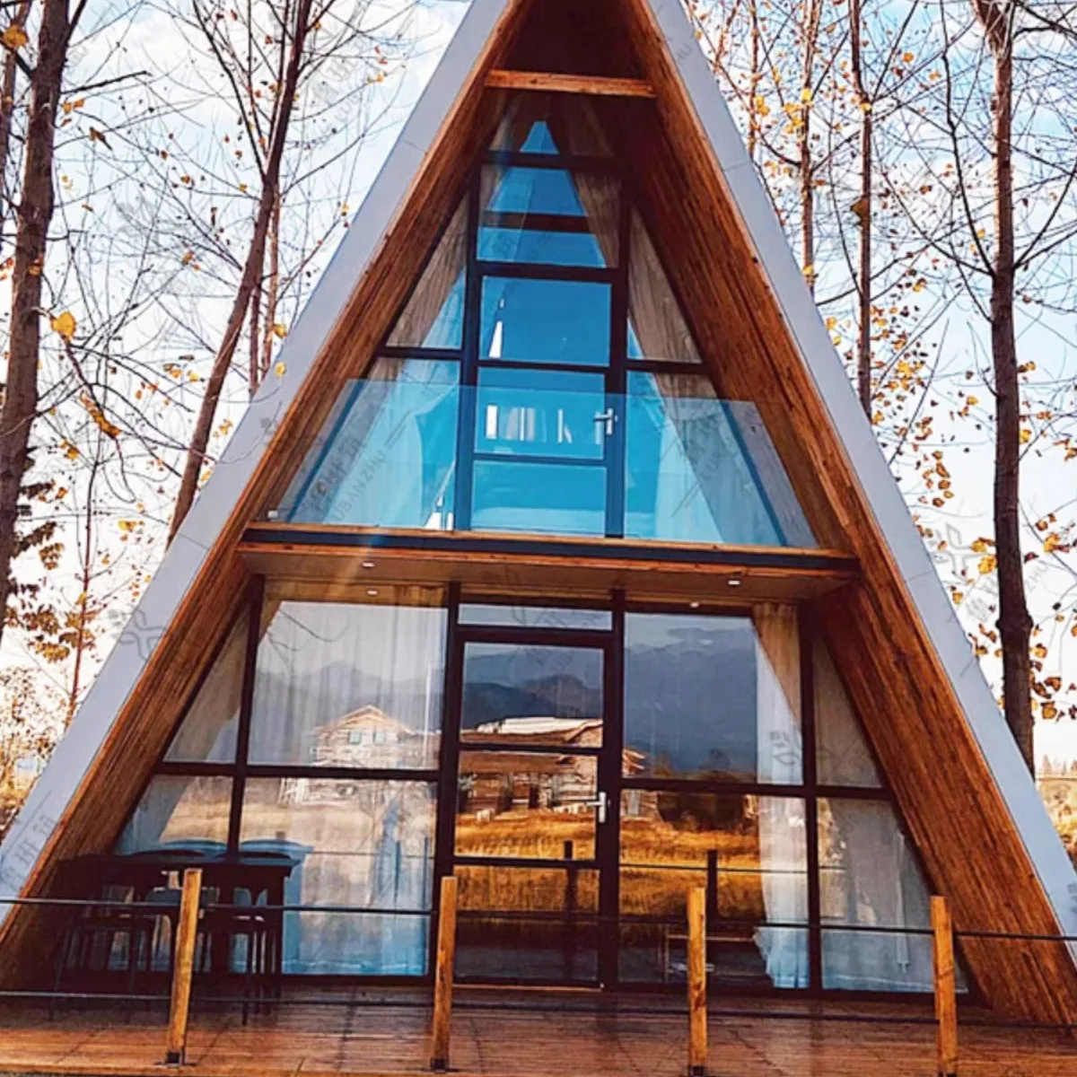 

New style steel structure triangular wooden house mobile hotel architectural design outdoor camping wooden frame house