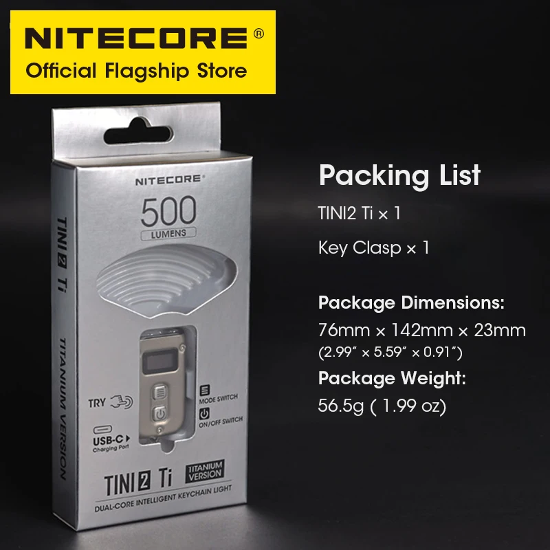 NITECORE TINI2 Ti Умный брелок для ключей светильник EDC Мини двухъядерный фонарик USB-C перезаряжаемый 500 люмен титановый, литий-ионный аккумулятор