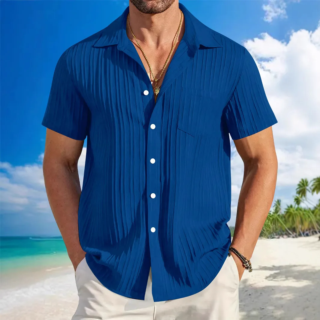 Men's Cardigan Commuter Shirt Top Trend Pleated Simple Versatile Short Sleeve Breathable Shirt Men's