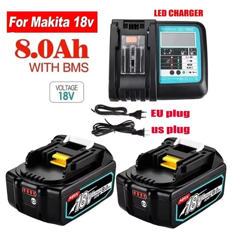 NEW With LED Charger Rechargeable Battery 18V 8000mAh Lithium ion for Makita 18v Battery 6Ah BL1840 BL1850 BL1830 BL1860 LXT400