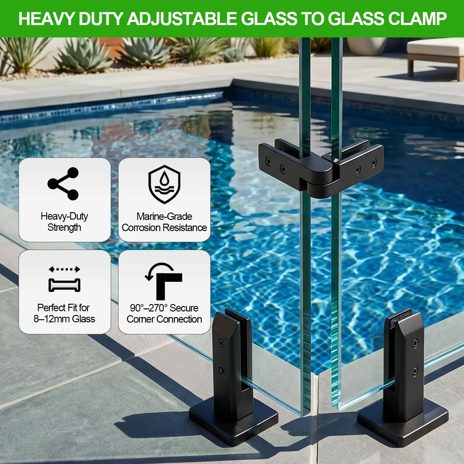 Robust Adjustable Stainless Steel Clamp for Glass Thicknesses Between 6mm and 12mm Suitable for Wet and Dry Environments
