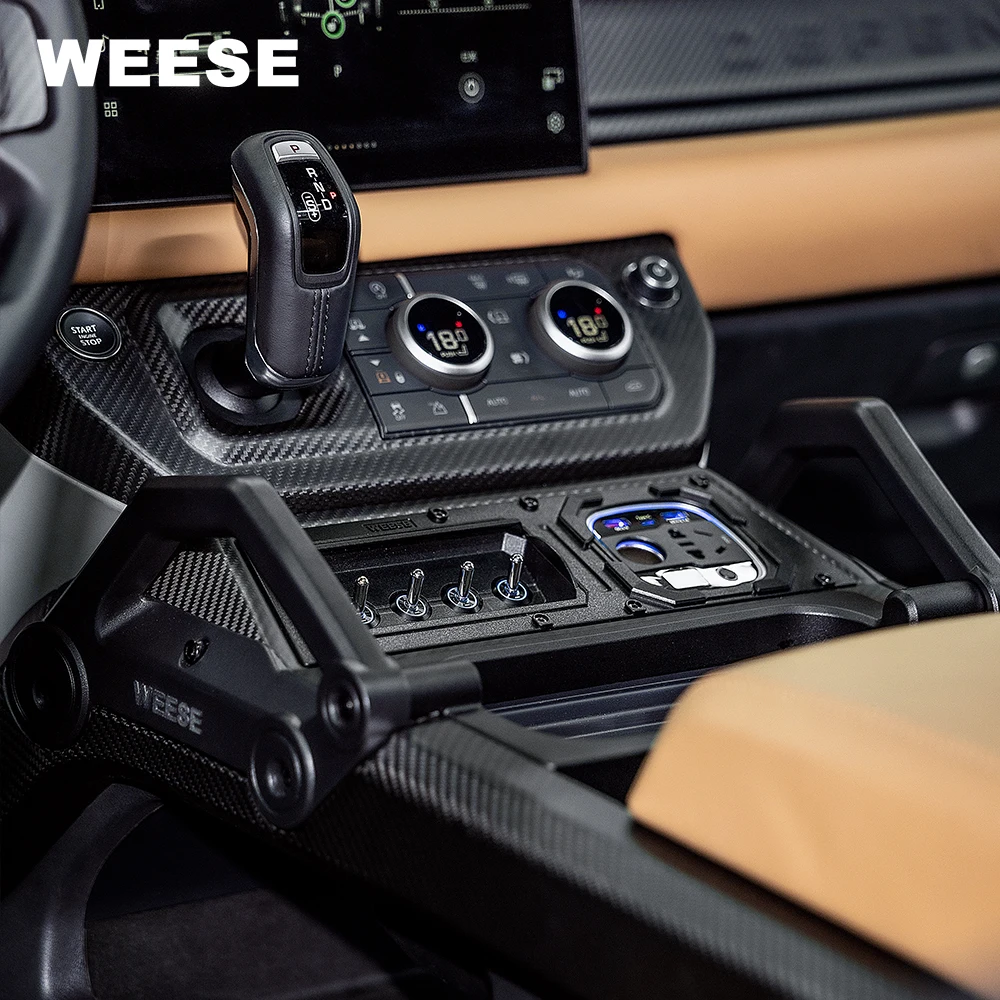 WEESE Dry Carbon Center Control System – 4 Switches, USB, Power Outlet & Aluminum Handle for Land Rover Defender 90/110/130