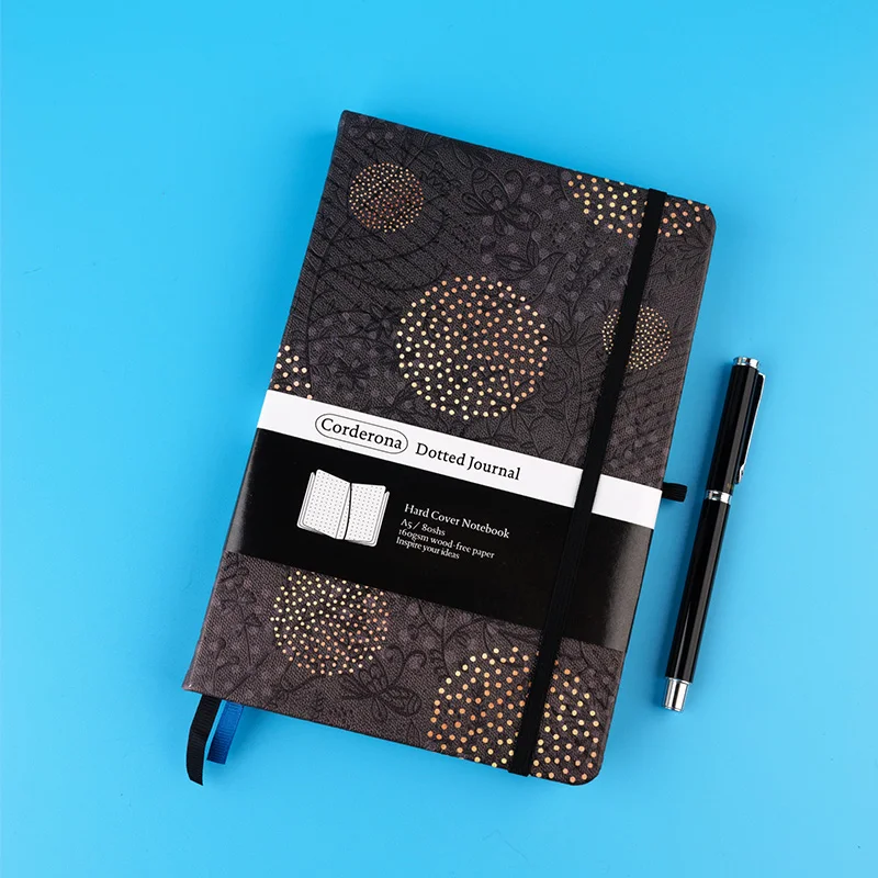 Black Floral A5 Bullet Dotted Journal 160gsm Ultra Thick Notepad Elastic Band Hard Cover Dot Grid Notebook