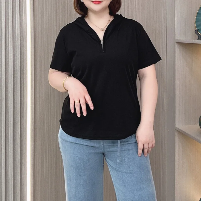 Hooded Short Sleeve T-shirt Women Summer 2024 New Plus Size Loose Thin Casual Top