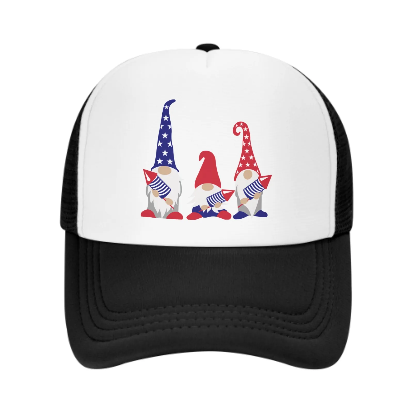 Gorra de béisbol de malla con estampado de gnomos patrióticos, sombreros de camionero, deportes al aire libre, ajustable, lavado, Snapback, papá