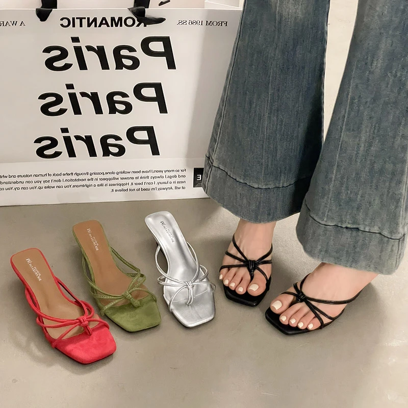 

Summer Narrow Band Women Slippers Fashion Square Clip Toe Party Dress Shoes Ladies Elegant Wedges Heels Slides Zapatos De Mujer
