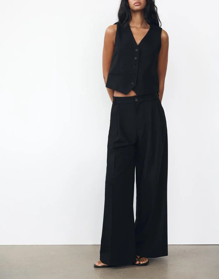 

Spring New Women's Svel Vest Tank Top 200775 Double Pleat High Waist Wide Leg Pants 255506 Faion Set Cotton Long Sl...