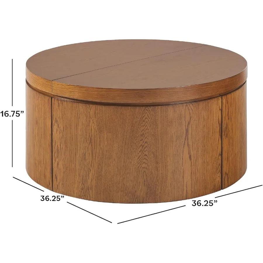 Living room coffee table, solid oak wood veneer, medium brown, with hidden storage compartment and modern minimalist design, 36