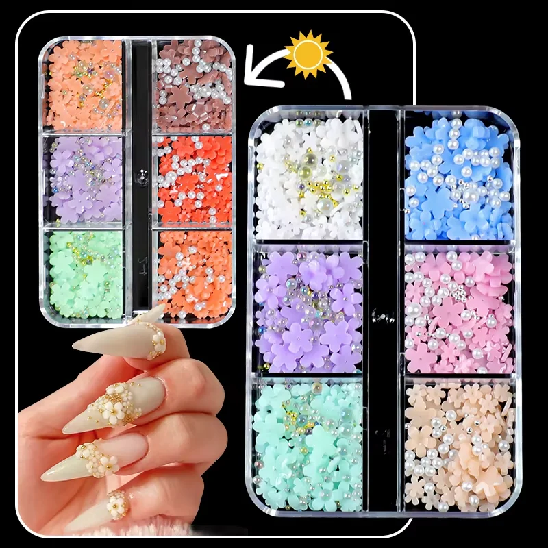 3D Flower Heart Bow Decoration UV Sunlight Color Change Nails Light Sensitive Colors Changing Floret Nail Art Accessory Kit