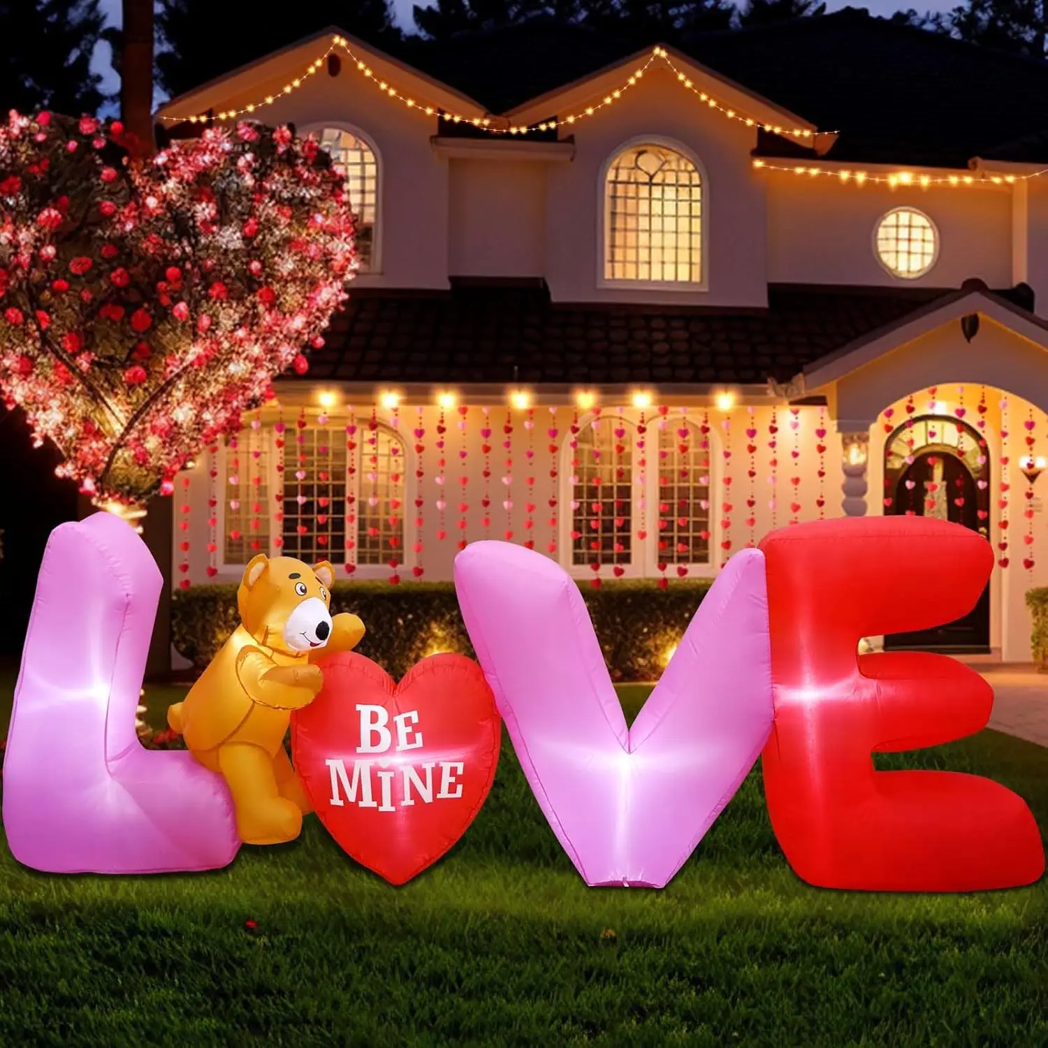 9FT Long Valentines Inflatables Love Letters with Lovely Bear LED Lighted Romantic Valentines Decorations  Outdoor Blow Up Toys