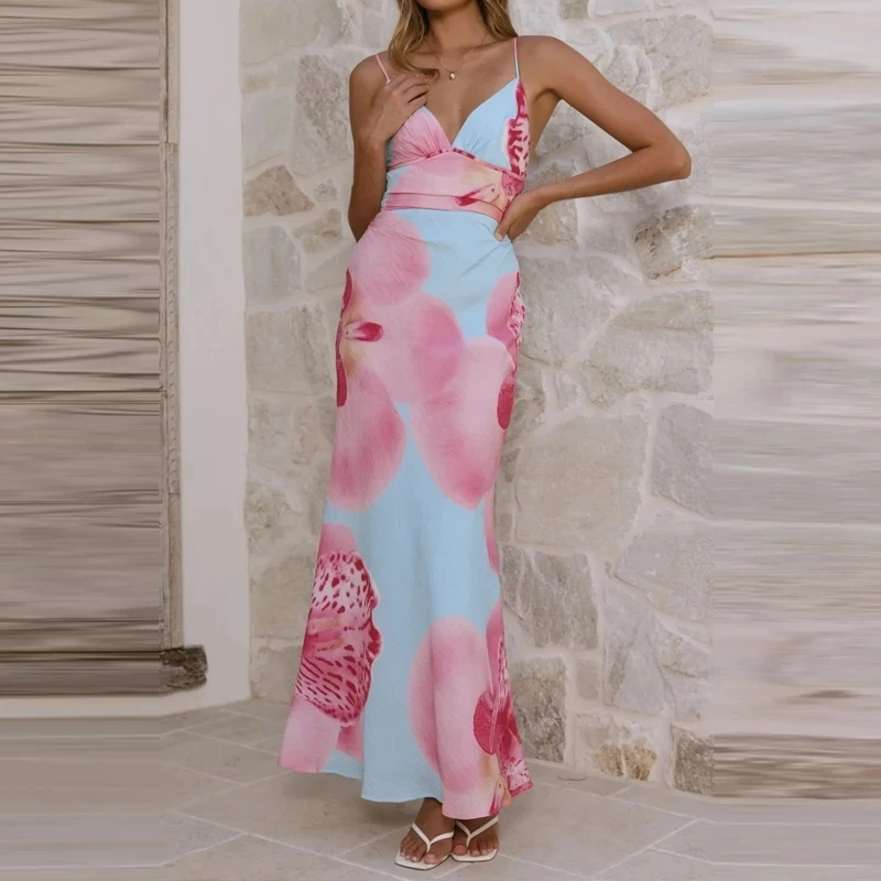 

Summer Backless Women's Commute Maxi Dress Fashion V-neck Floral Printed Halter Dress Sexy Sleeveless Fit Pleated Vacation Dress