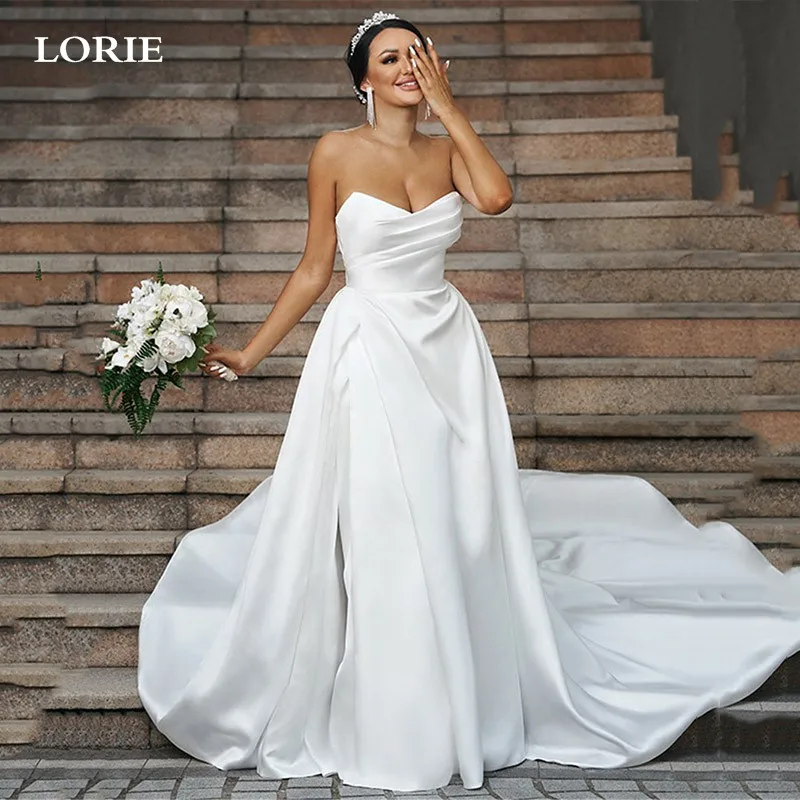 LORIE Satin Wedding Dresses A Line Strapless V Neck Bride Dress Elegant Sleeveless Floor Length Wedding Gowns 2024