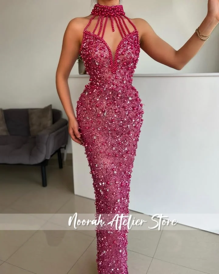 

Red V N Sequin Pearls Mermaid Luxury Women's Evening Dresses 2025 Sexy Wedding Gown Saudi Arabia Long Vestidos Customized