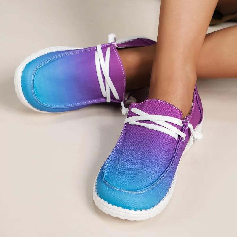 Tênis feminino com cadarço de salto baixo, sapatos baixos casuais, combinando cores graduais, tendência confortável, sapatos simples, novo, verão