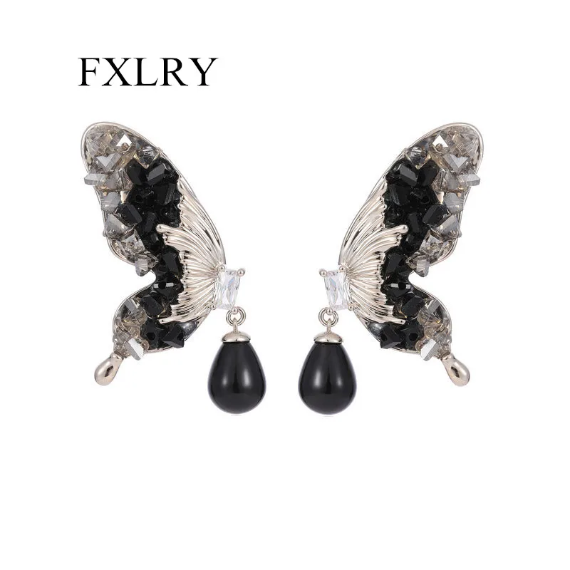 

FXLRY Fashion Creativity Zirconia Drop Pearl Black Butterfly Earrings For Women Wedding Bridal Jewelry