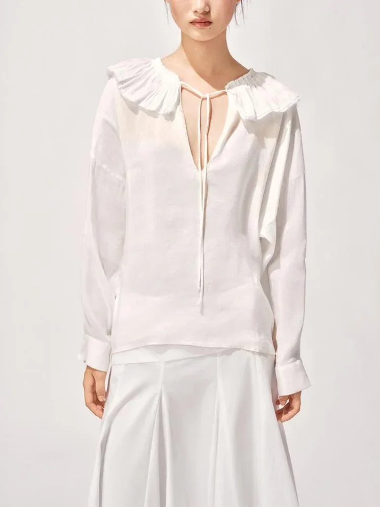 

European and American style women's clothing new style fashionable temperament versatile ruffled blend long-sleeved shirt