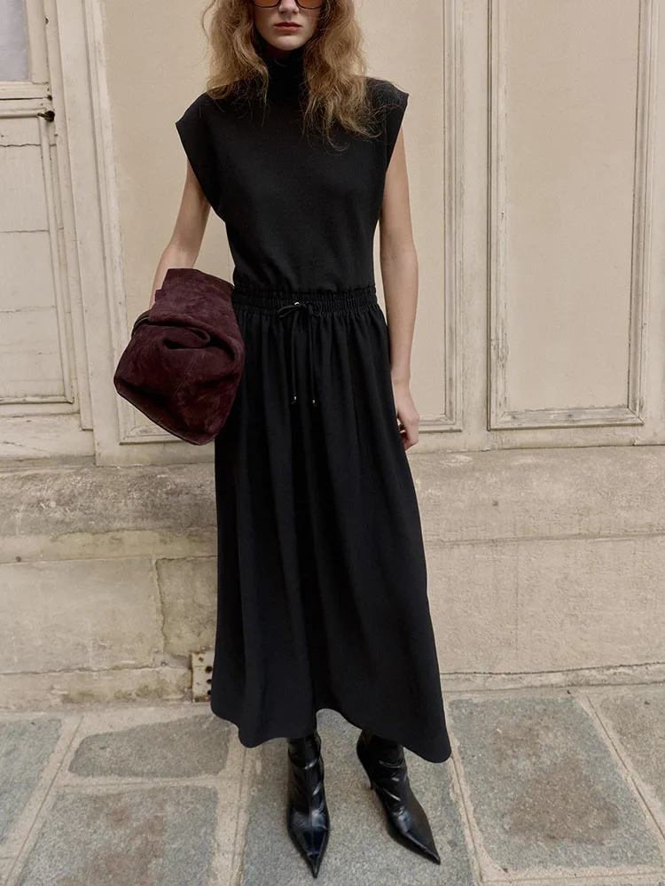 2025 inverno novo doce gola alta svel longo dr ele sle redondo ne cor pura vestido de cintura alta para mulher