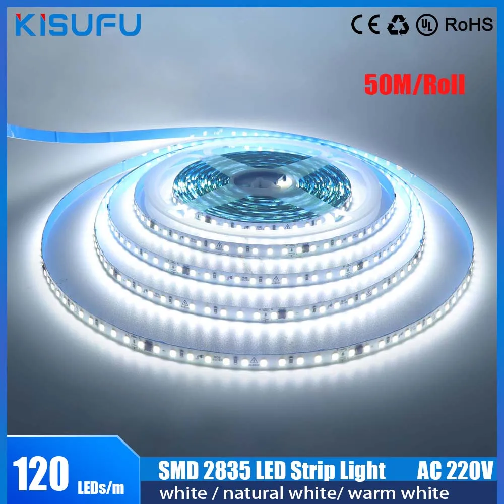 

50m/Roll LED Strip Light AC 220V SMD2835 120LEDs/M LED Strip IC IP44 Waterproof 10cm Cuttable Flexible Ribbon Rope Tape Light