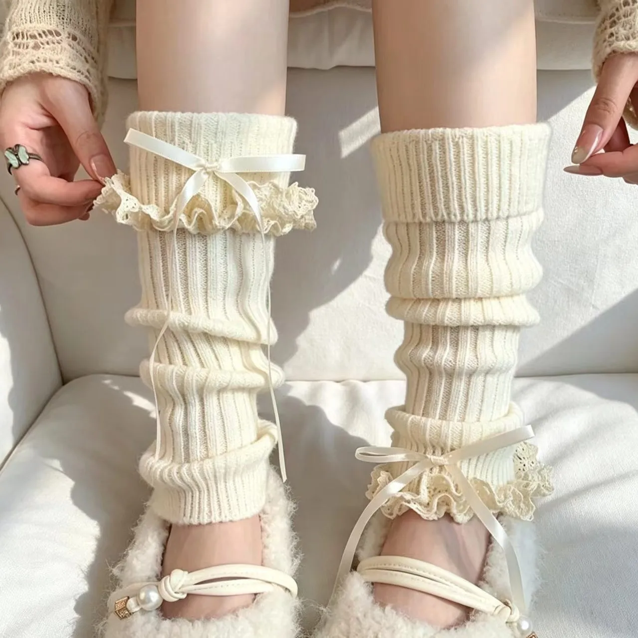 Bow Leggings Japanese White Wool Pile Pile Socks Jk Knitted Hot Girl Autumn and Winter Knee Pads Lolita To Keep Warm