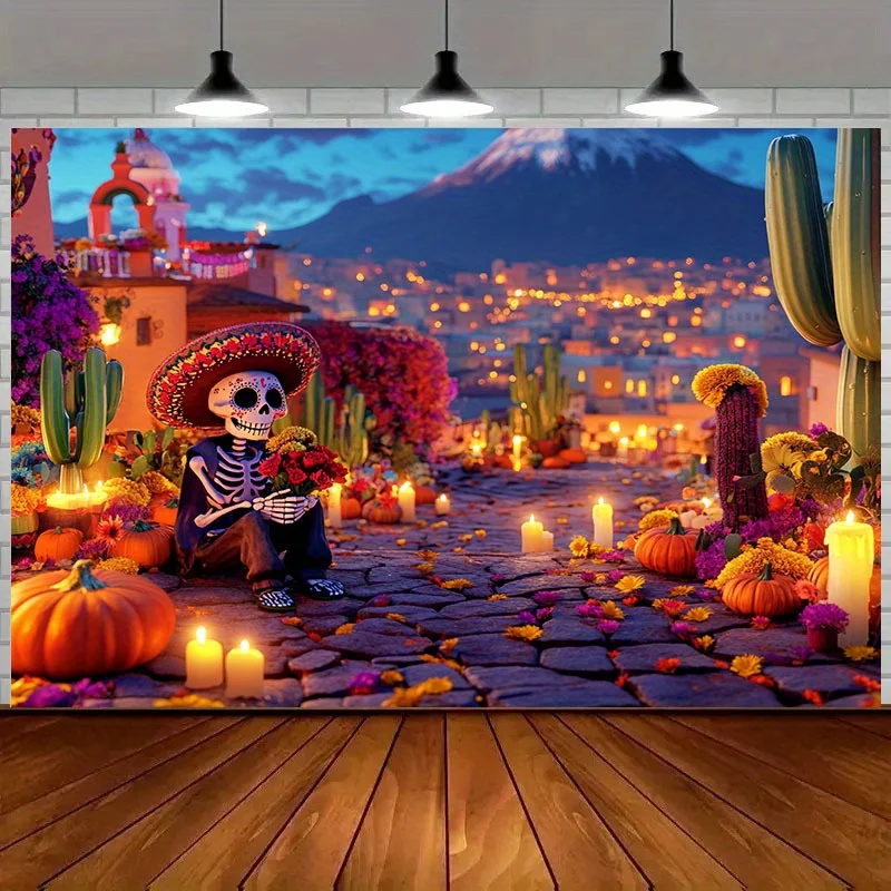 Tapestry Banner Background For A Day Of The Dead Party Bright Mexican Skull Purple Flowers Pumpkin Design