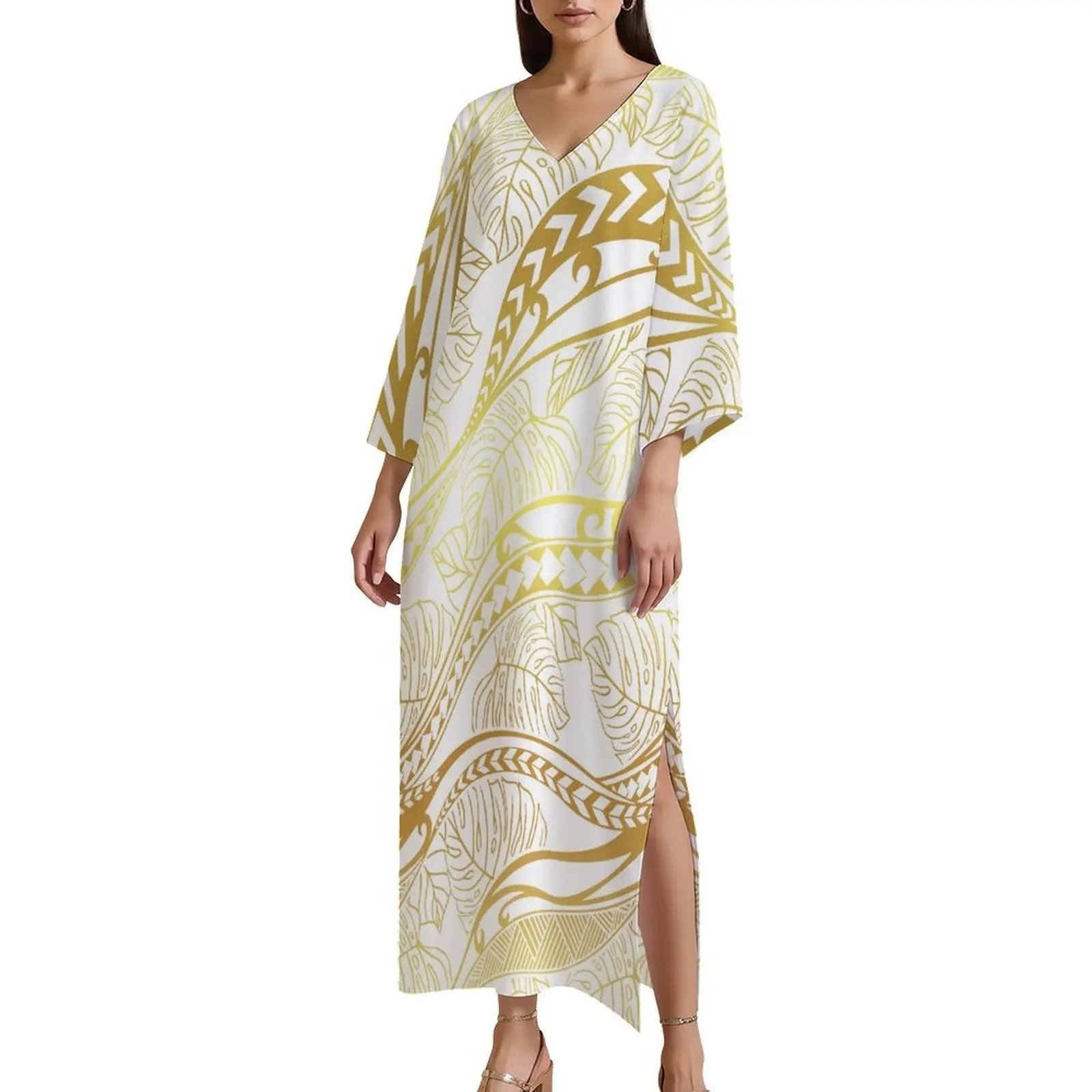 

Custom-Made Loose-Fitting Short-Sleeved V-Neck Knee-Length Long Dress With Polynesian Island Design And Retro Patterns For Women