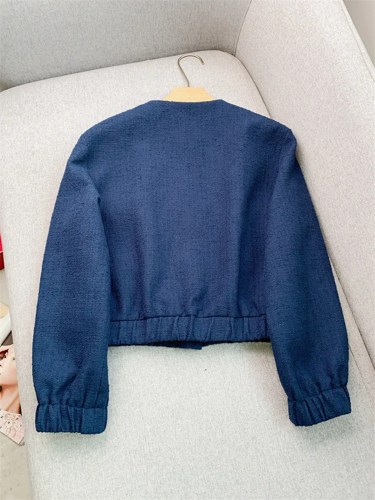 Dark blue jacket for women,Round neck short jacket with metal buckle and elastic hem, 2024 autumn collection clothes for women