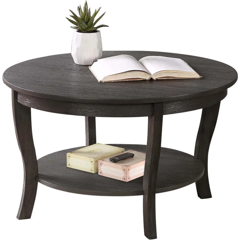 Round Coffee Table with Shelf, Wood Finish, Classic Transitional Style Table, Two Tier Spacious Shelving