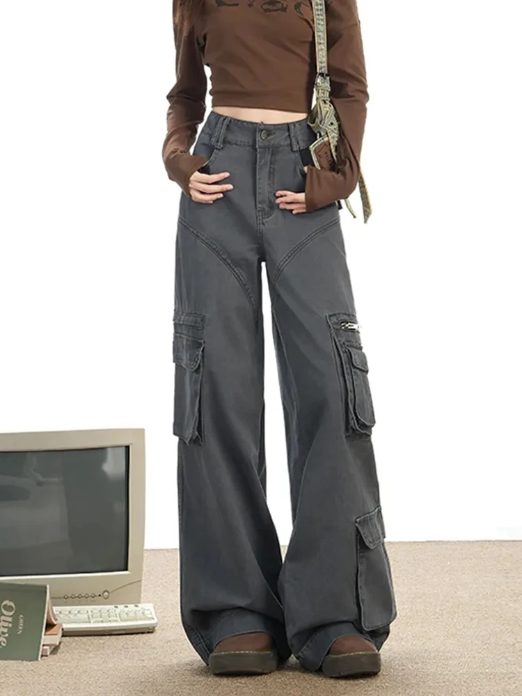 Vintage Gray Cargo Jeans Women Streetwear Hottie Pockets Wide Leg Denim Pants Japanese Y2K Harajuku High Waist Female Trouser