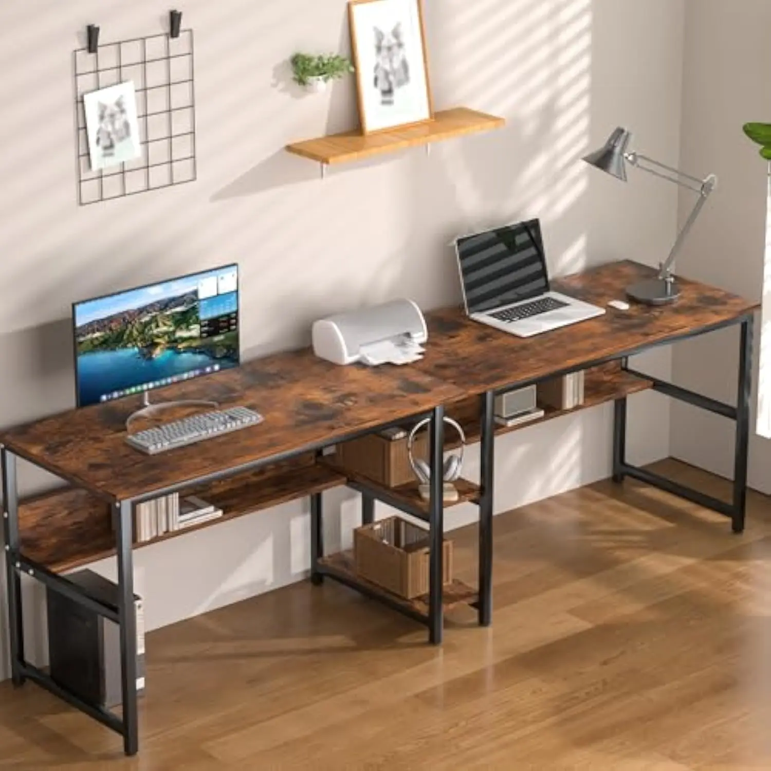 

78.74" Two Person Desk, Double Desk with Storage Shelves, Long Computer Desk for Two People, Wood Writing Desk Workstation for