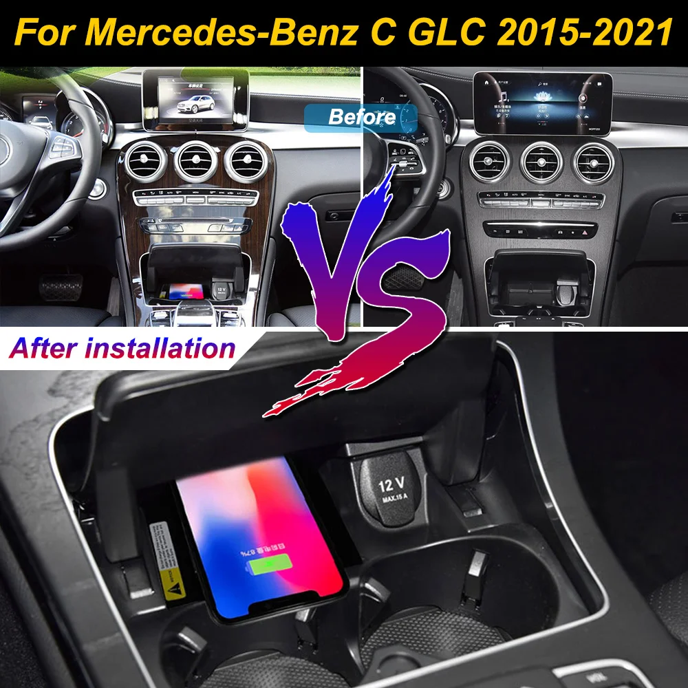 for Mercedes-Benz C GLC 2015-2021 Car Wireless Mobile Phone Charger Center Console Storage 18W iPhone fast charge plate holder
