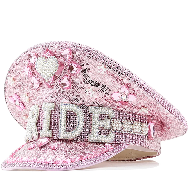 Fashion Women Pink Bride Captain Hat Military Cap Sergeant Bridal Hat Hen Do Hat Festival Birthday Part Hat Luxury Rhinestone