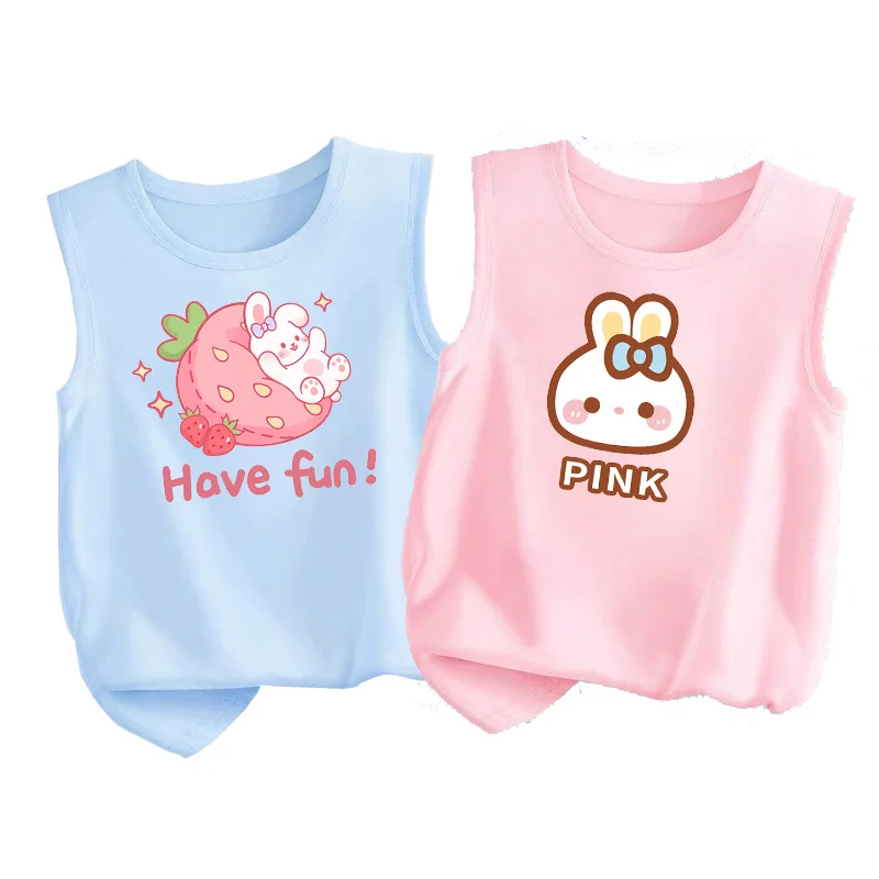 

Летние свободные майки для девочек 2026 с милым кроличьим принтом, хлопковые безрукавки для малышек, футболки без рукавов, 3-14 лет