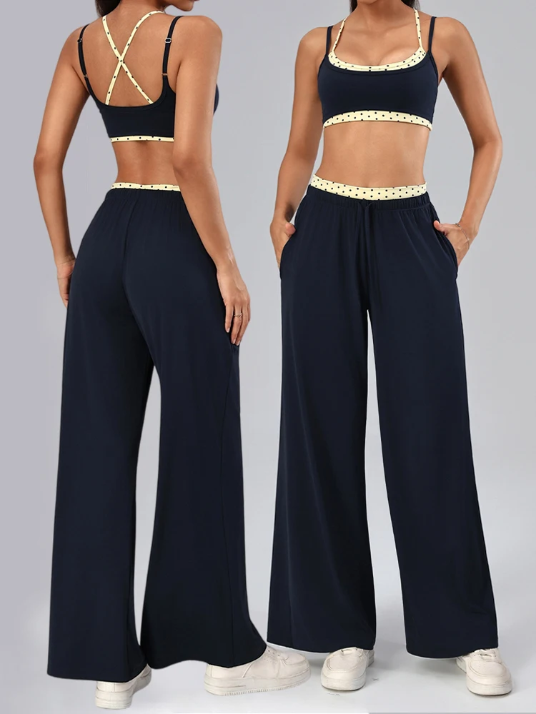 VITALINOVO Women 2 Piece Layered Workout Sets Padded Sports Bras High Waisted Wide Leg Sweatpants with Pockets Gym Active Outfit