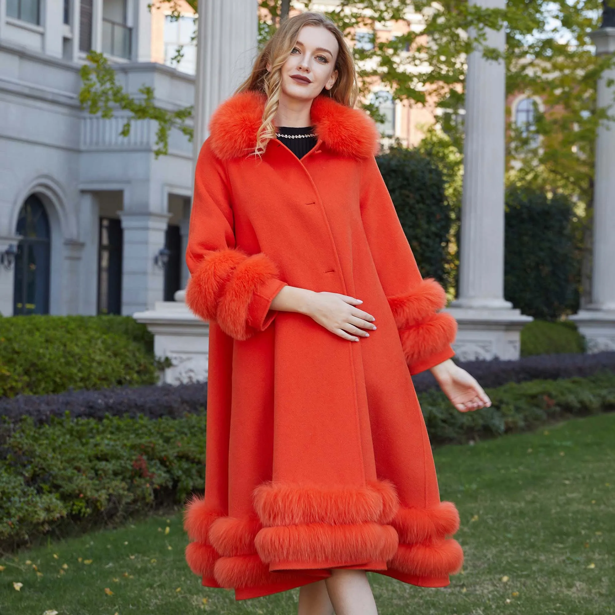 

Long Women Woolen Cashmere Big Fur Collar Blended Coat Big Fur Trim Fashion Winter Double Face Jacket