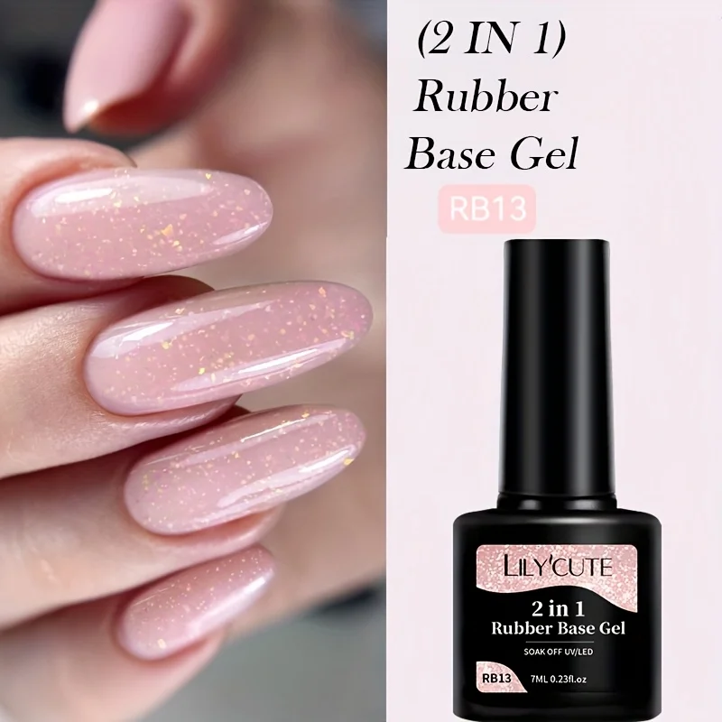 LILYCUTE 7ML Nude Rubber Base Gel Natural Pink Gold Foil Effect Self-leveling Soak Off UV Gel Varnish Great Coverage For Nails