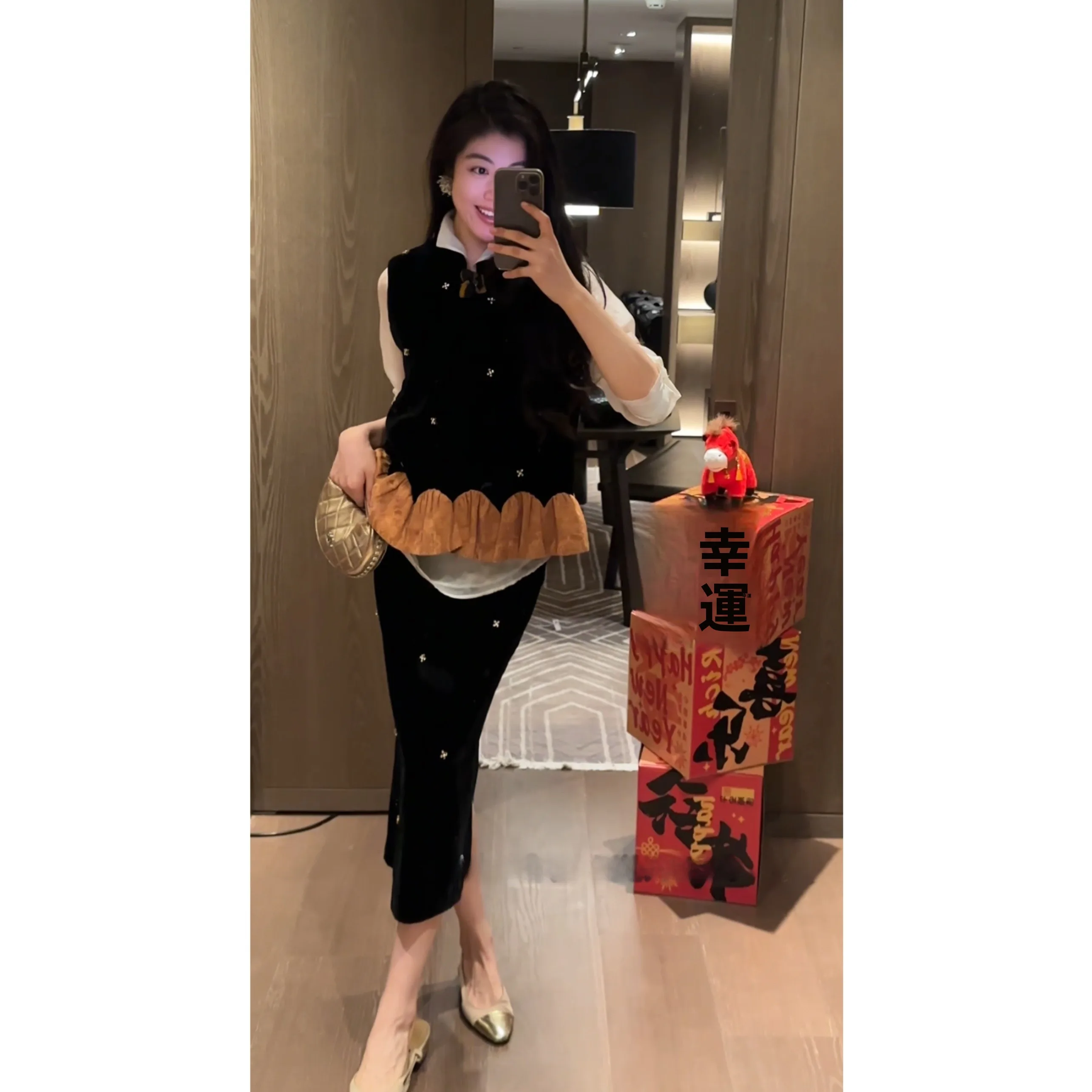 

NCOU Nie Kou Winter 2025 Bla Velvet Color Blo Sequin f Skirt Set Luxury Ele Sle Women's Traditional Chinese Costume