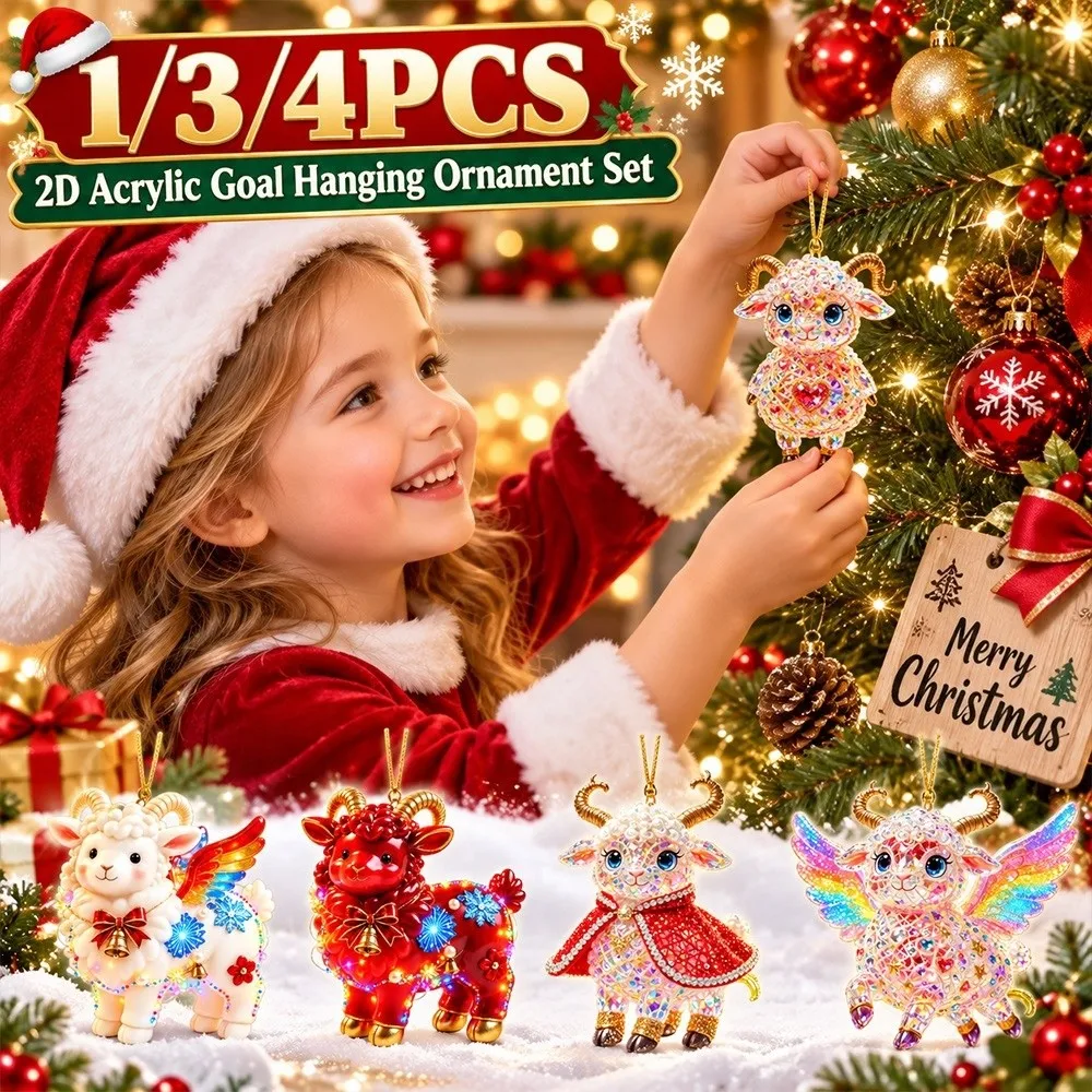 2D Flat Goat Hanging Ornament Set Shining Artificial Rhinestone Goat Pendant Simulation Acrylic Christmas Tree Ornament