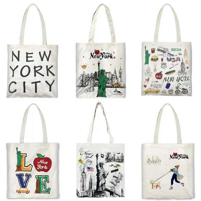 New York Souvenir Women Tote Bag Large Capacity Shoulder Bags No Zipper Eco Lady Shopping Shopper Handbag Canvas Girls Handbags