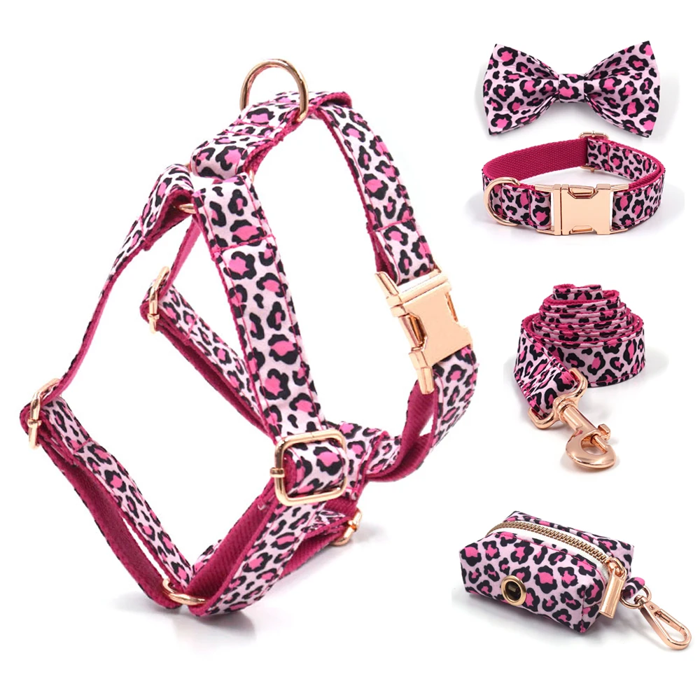 Pink Leopard Dog Harness for Girl Dogs Personalized Name Engraved Pet Collar with Safety Metal Buckles Bowtie Puppy Harness Set