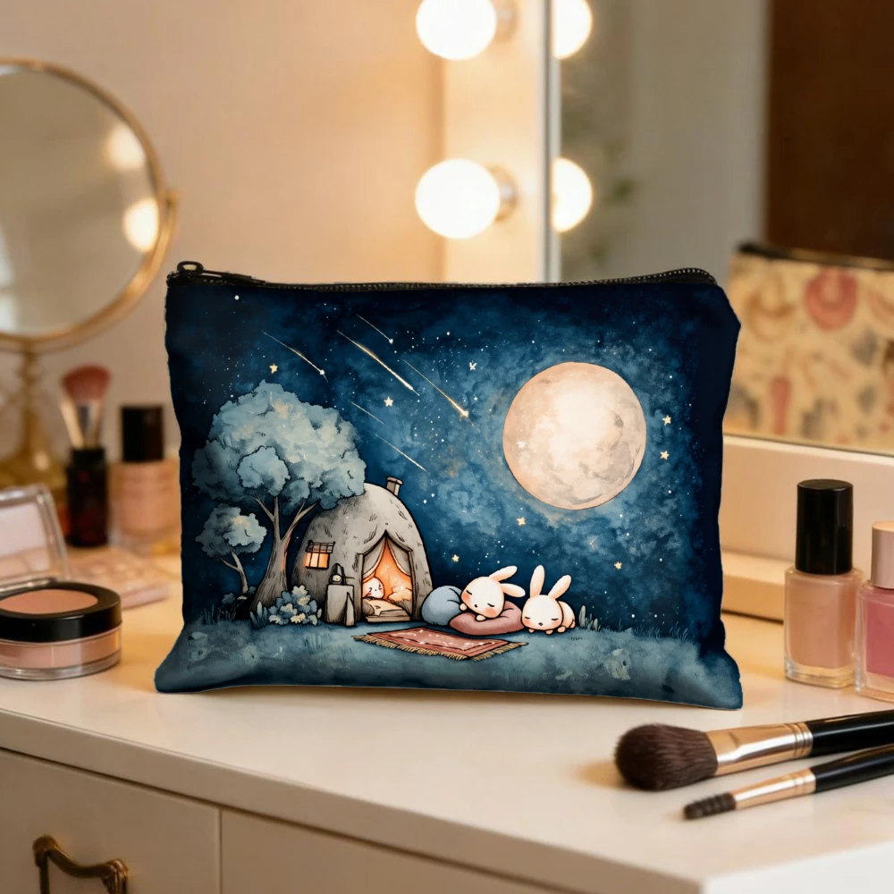 Moonlight Cottage Bunnies Stars Night Makeup Bags for Women's Cosmetic Pouch Toiletry Bag Pencil Case Travel Storage