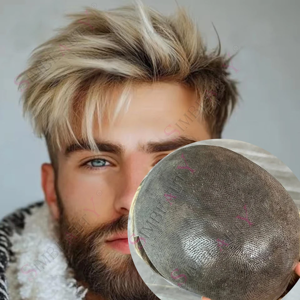 

European Brown Roots 4T613# Man Wigs Ombre Blonde Human Hair Toupee for Men Full PU 0.06mm Thin Skin Invisible VLoop Bald Hairpi