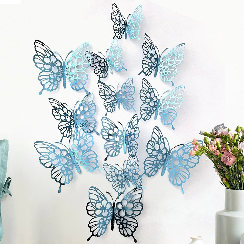 Laser Dazzling Colors Butterflies Wall Sticker For Home Decor 12pcs Three-dimensional Flower Hollow Butterflies Party Decoration