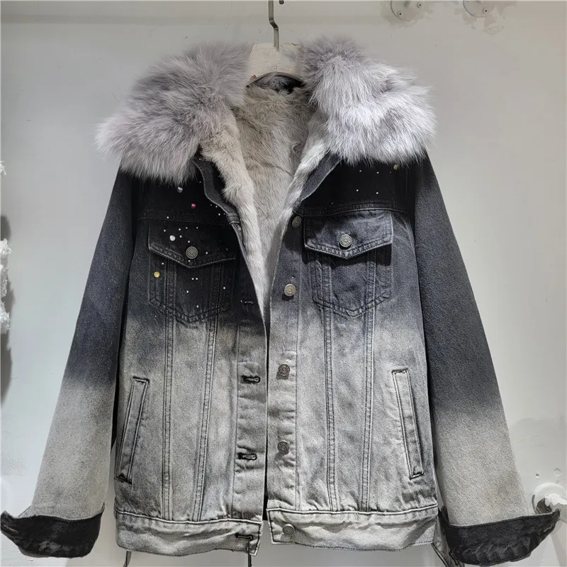 

2025 Winter New Real Fox Fur Collar Washed Gradient Perm Color Diamond Rabbit Fur Inner Denim Coat Jacket for Women